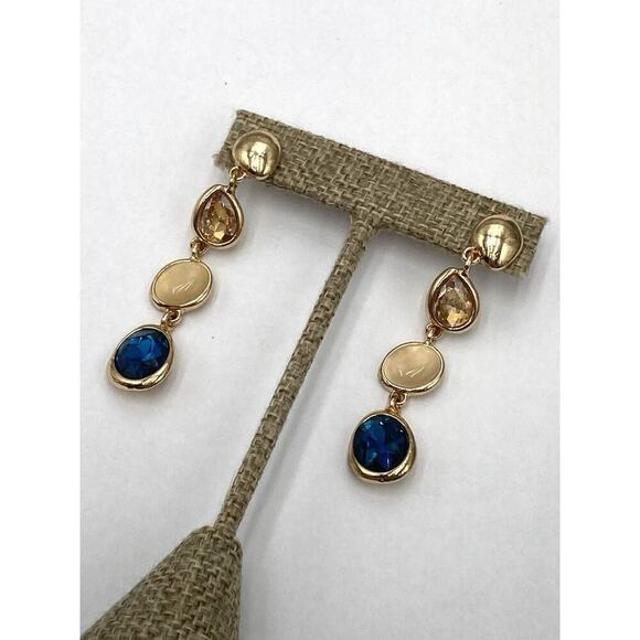 Earrings Drops Dangles Glass Stones Blue Gold Tone - Picture 5 of 7